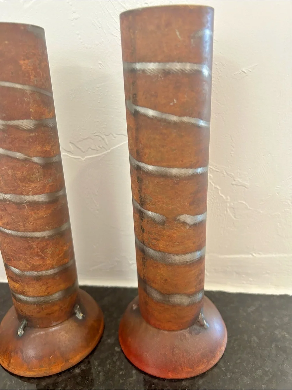 MCM Brutalist Welded Steel Pipe Vases Pair Heavy Industrial Studio Art Decor 9" - Picture 5 of 13